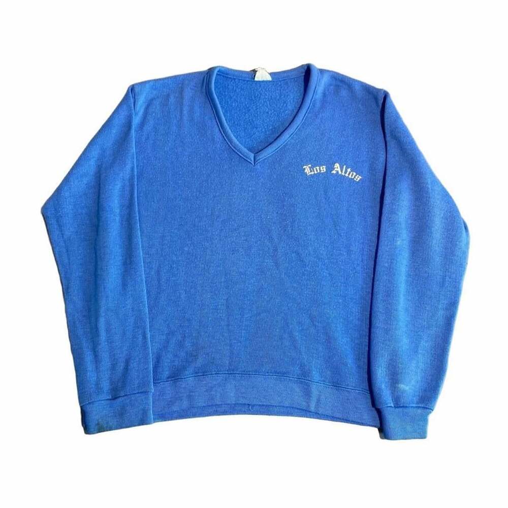 True Vintage 70s  Los Altos V-Neck Sweater Blue Knit Embroidered Pullover